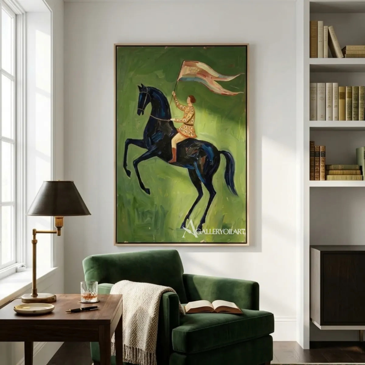 Western-cowboy-windborne-ride-with-rider-and-dark-horse-in-a-console