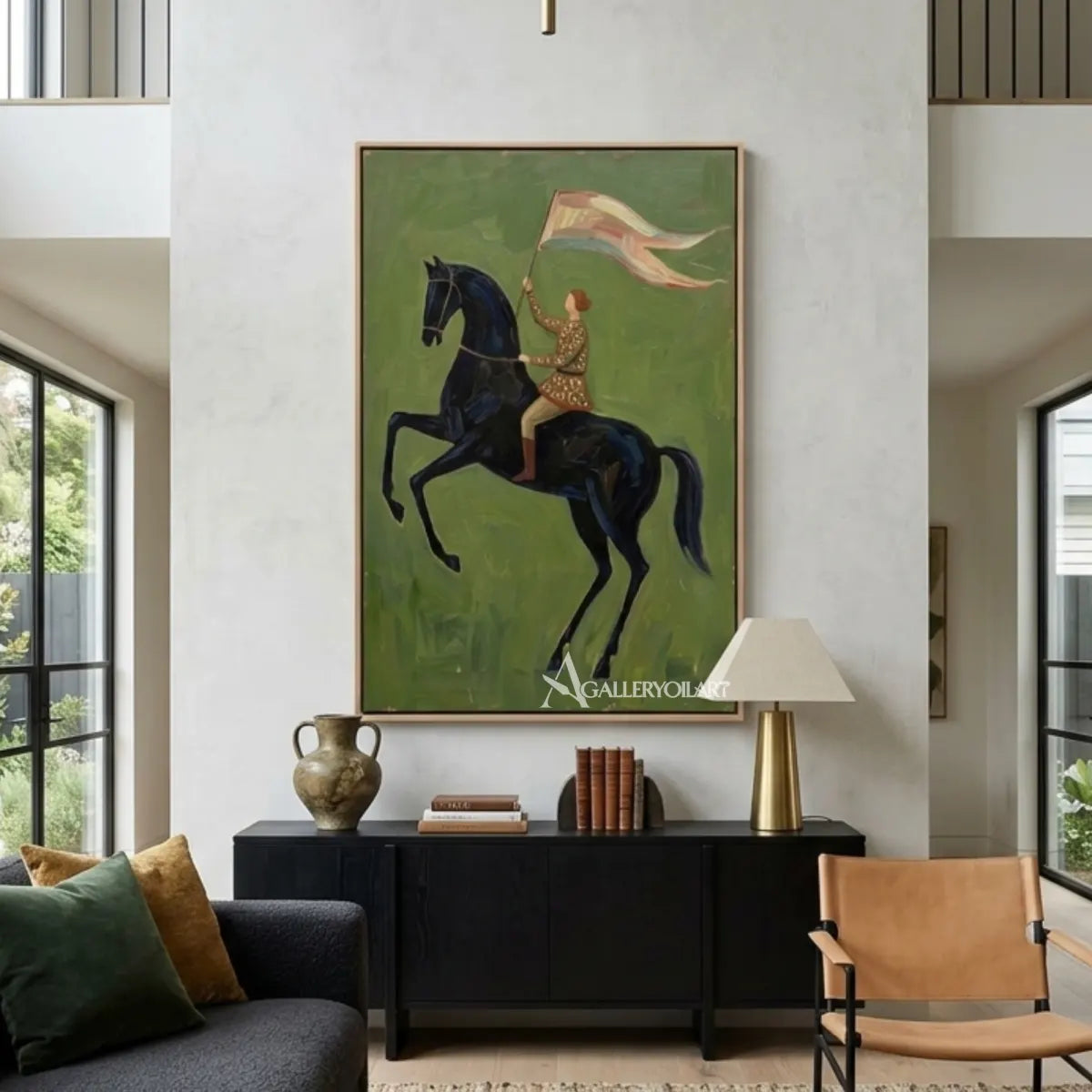 Western-cowboy-windborne-ride-with-rider-and-dark-horse-in-a-living-area