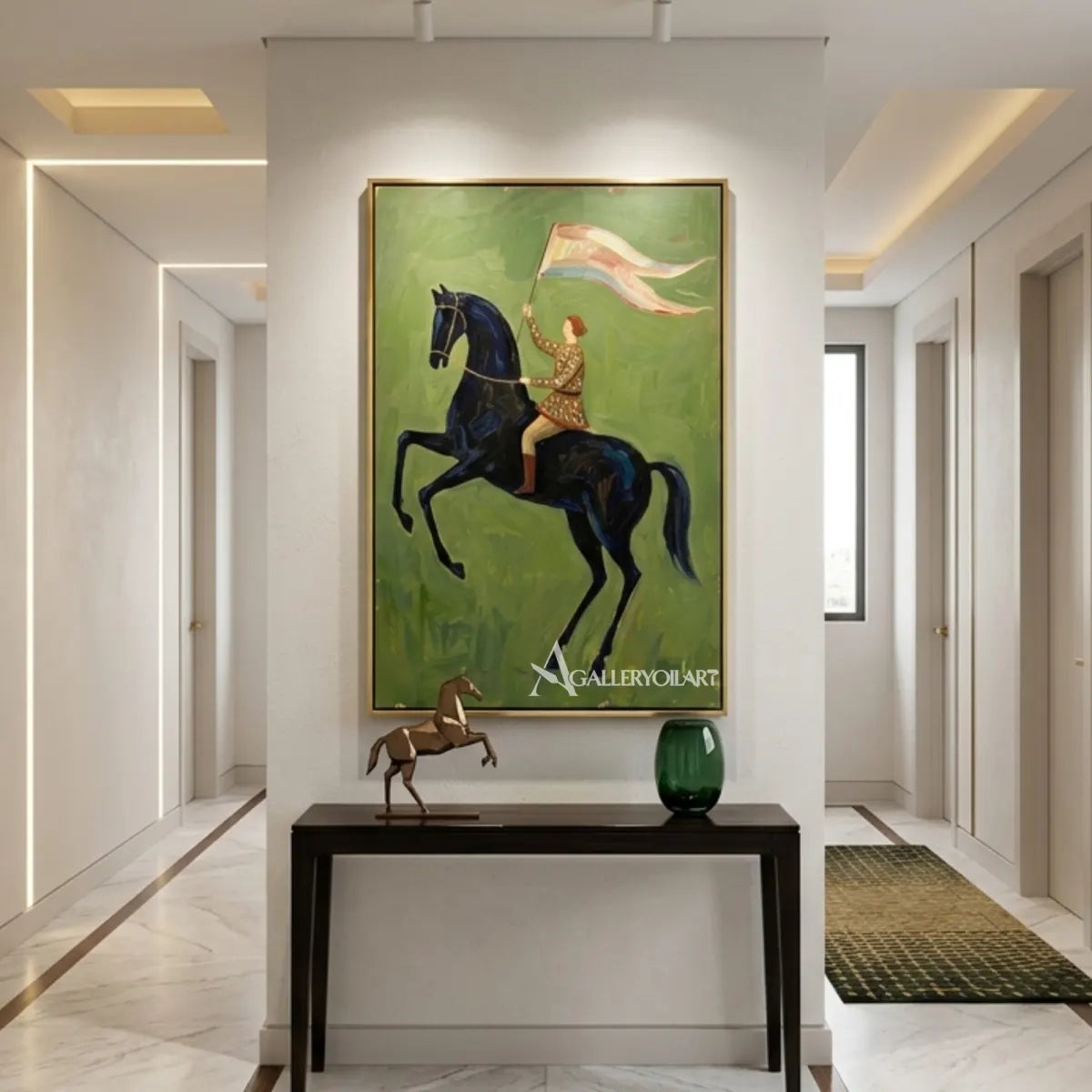 Western-cowboy-windborne-ride-with-rider-and-dark-horse-in-a-living-room