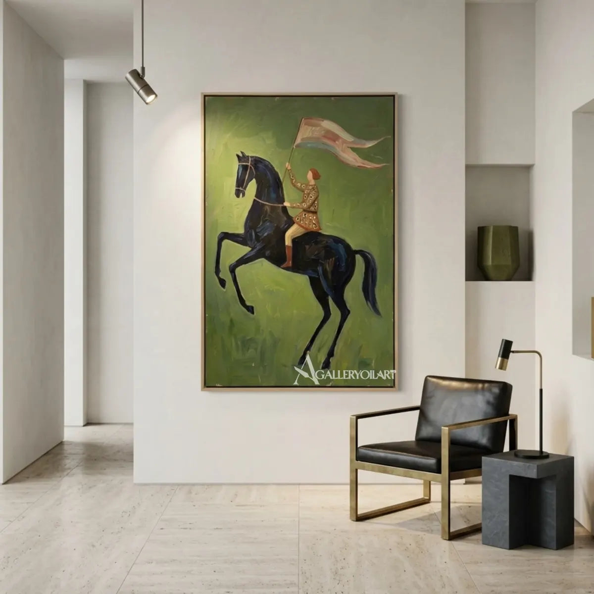 Western-cowboy-windborne-ride-with-rider-and-dark-horse-in-a-modern-room