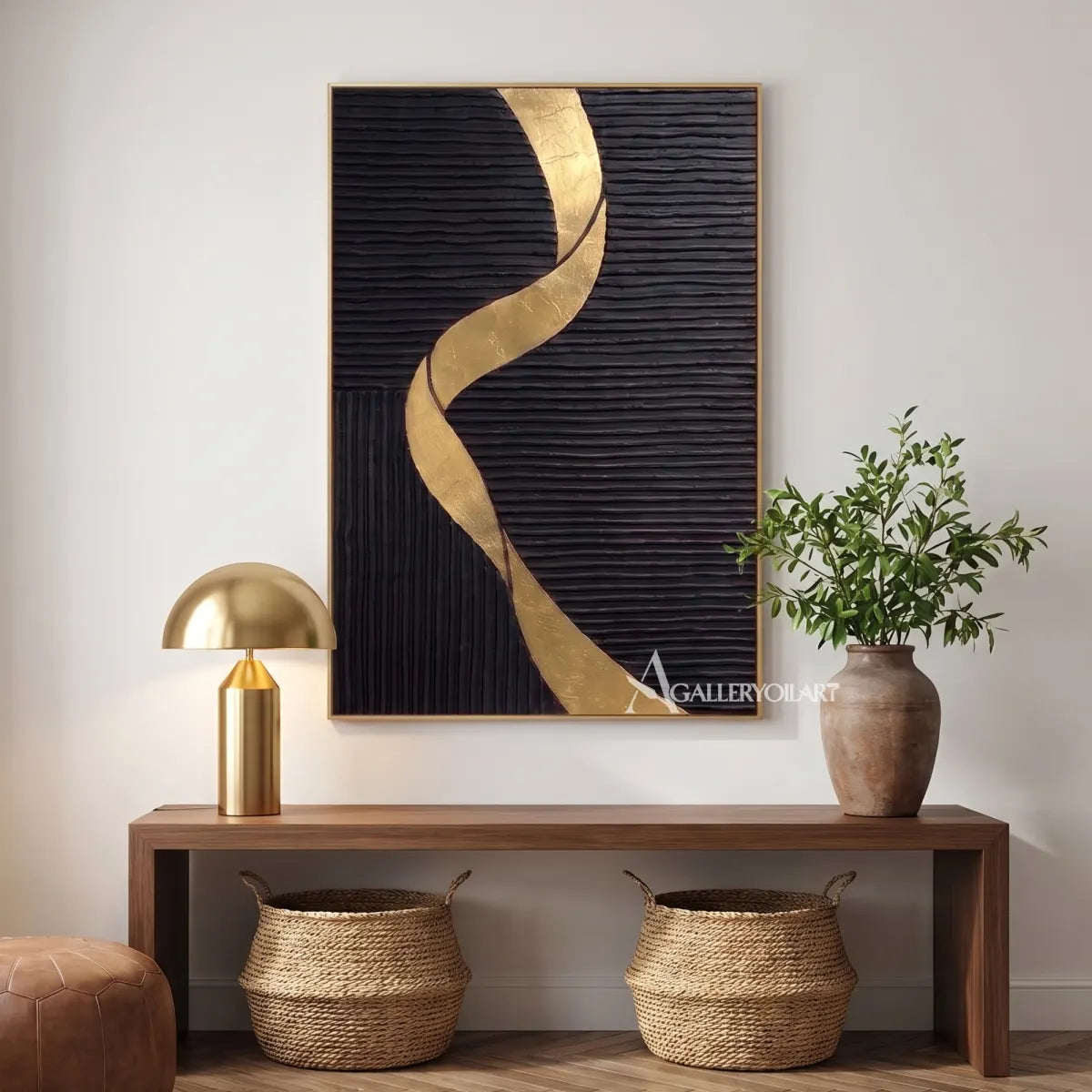Textured 3D winding passage across a black relief field-in-modern-entryway