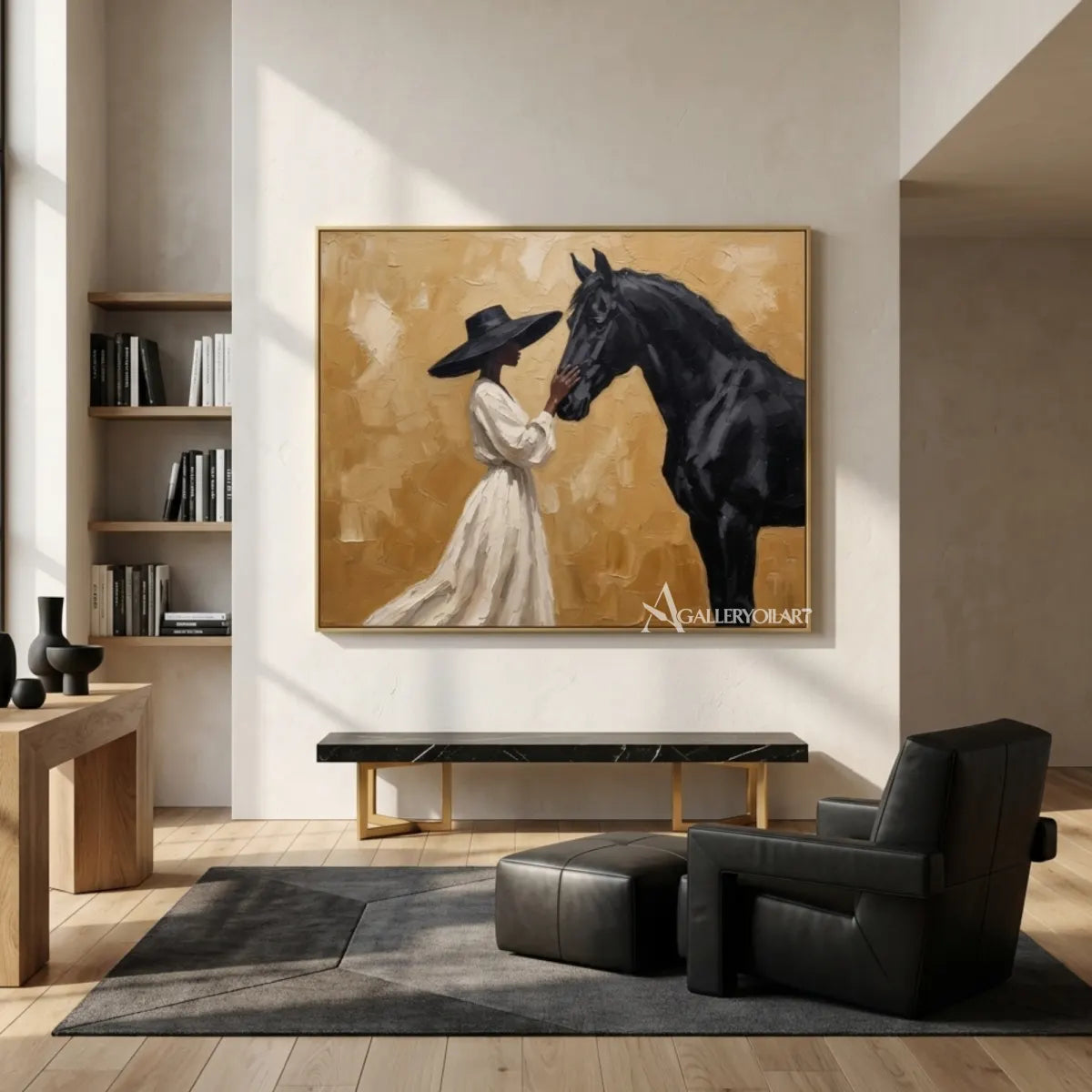 Woman-in-a-white-dress-facing-a-black-horse-on-a-textured-golden-ground-in-minimalist-room