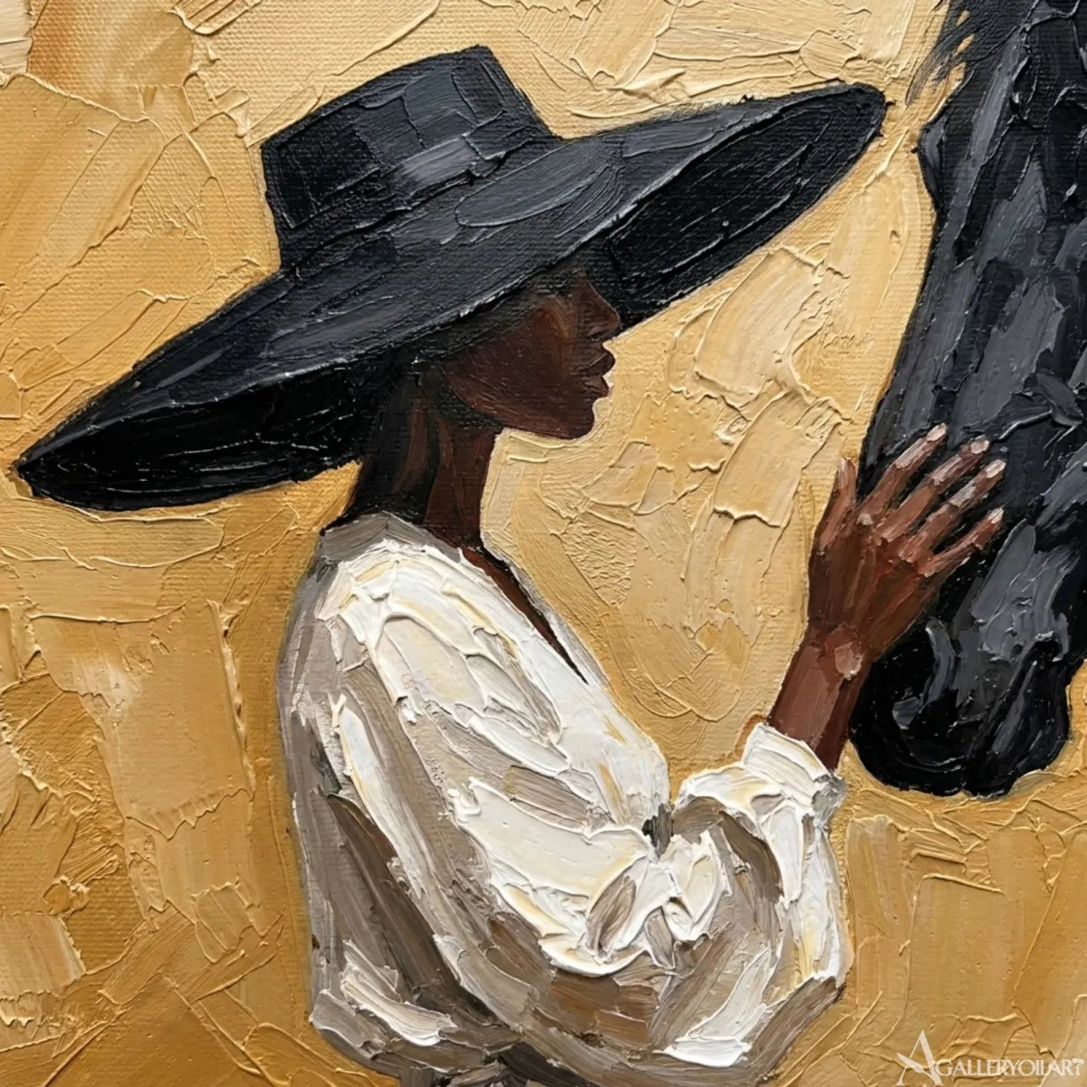 Woman-in-a-white-dress-facing-a-black-horse-on-a-textured-golden-ground-in-painted-detail