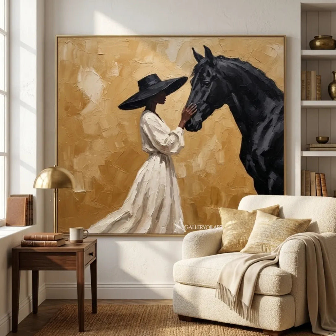 Woman-in-a-white-dress-facing-a-black-horse-on-a-textured-golden-ground-in-reading-room