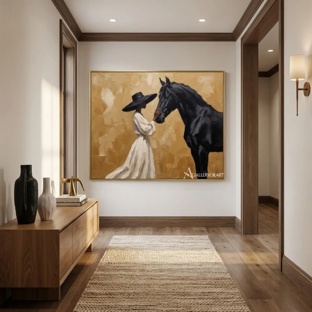 Woman-in-a-white-dress-facing-a-black-horse-on-a-textured-golden-ground-in-transitional-hall