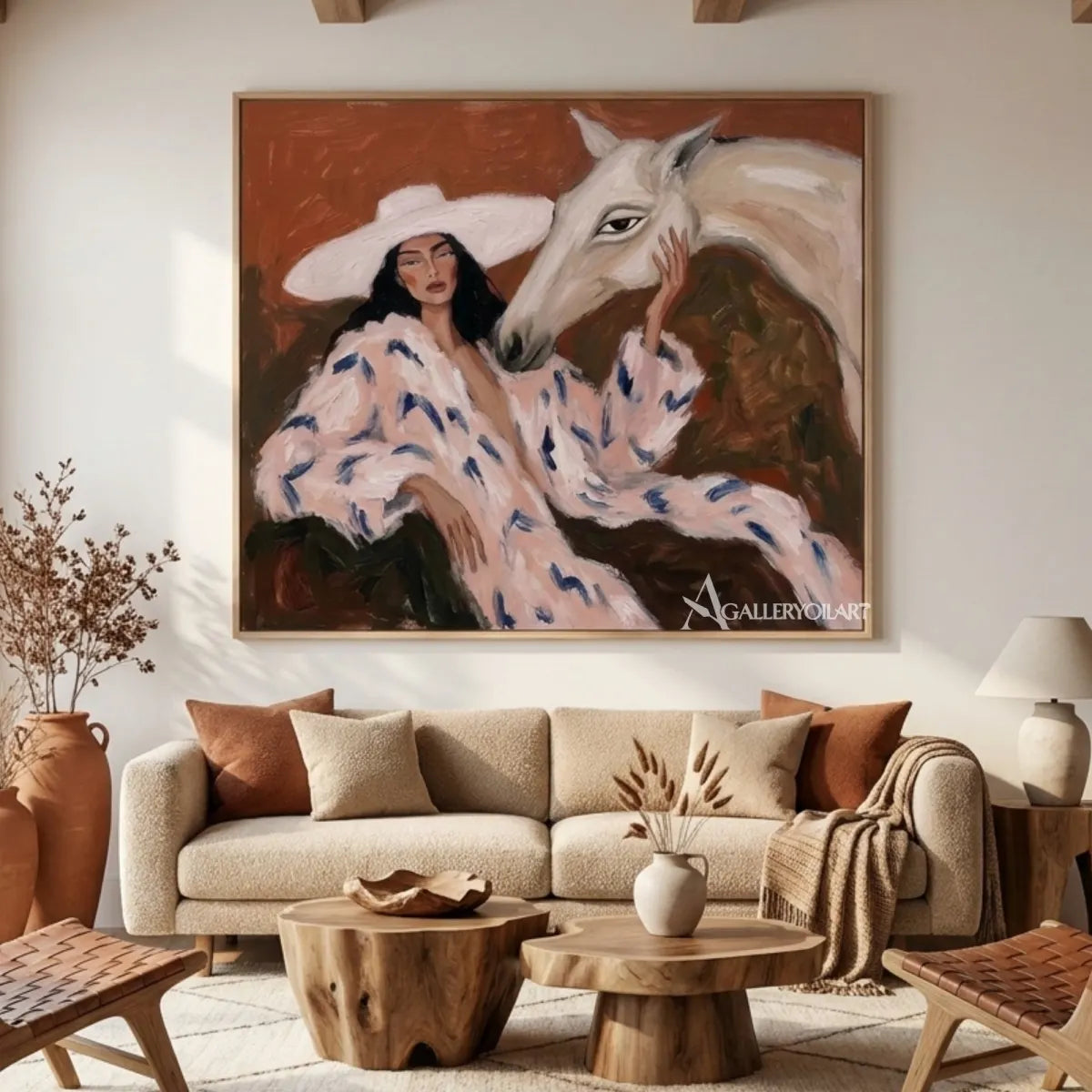 Woman-with-white-horse-portrait-art-in-a-contemporary-gathering-room-with-brown-and-soft-pink-tones