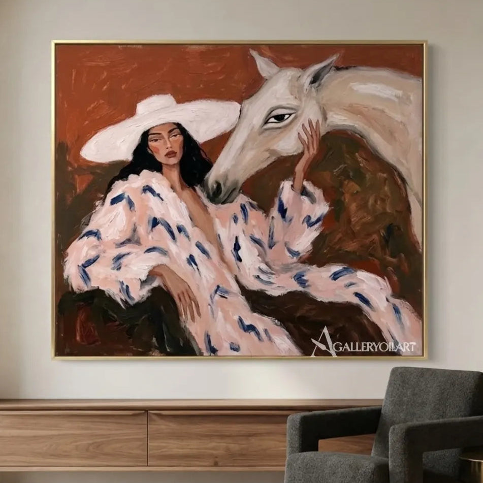 Woman-with-white-horse-portrait-art-in-a-minimalist-interior-with-warm-brown-and-cream-tones