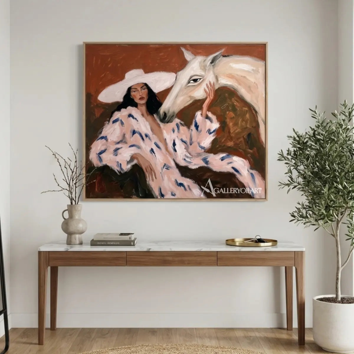 Woman-with-white-horse-portrait-art-displayed-in-a-modern-entryway-with-soft-earthy-tones