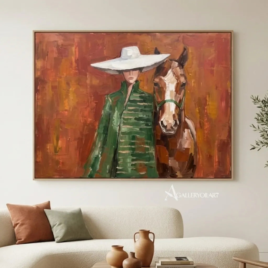 portrait-art-painting-of-a-woman-in-a-white-wide-brimmed-hat-beside-a-horse-against-rust-orange-in-a-gallery-interior