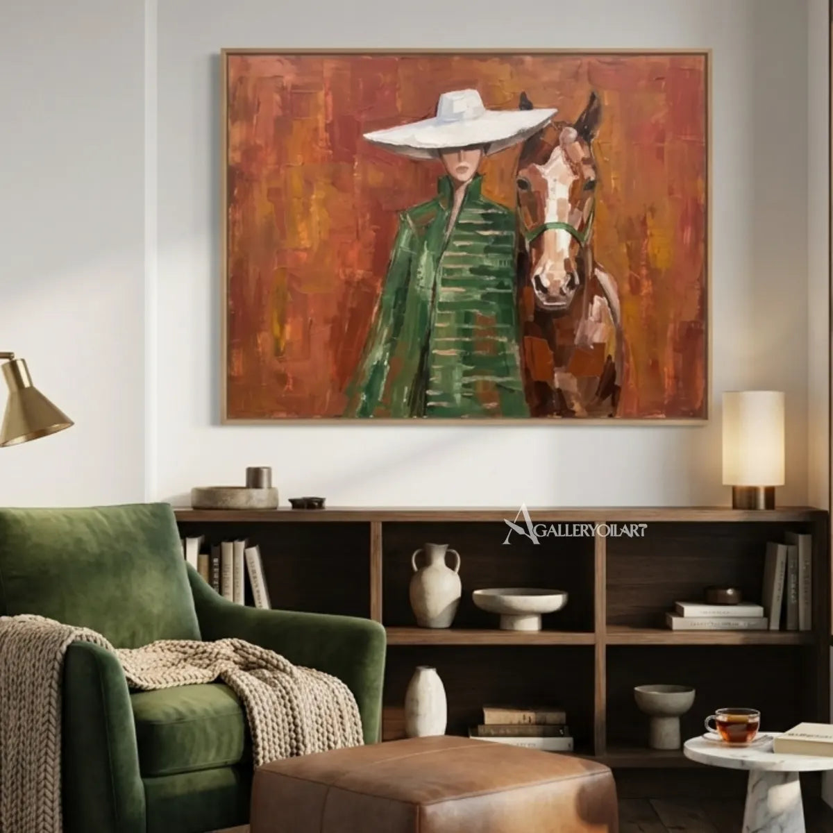 portrait-art-painting-of-a-woman-in-a-white-wide-brimmed-hat-beside-a-horse-against-rust-orange-in-a-private-lounge