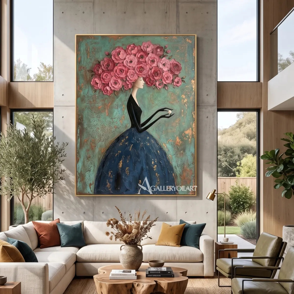 Woman-in-a-flowing-dark-dress-beneath-a-canopy-of-pink-roses-against-green-texture-in-bright-living-room