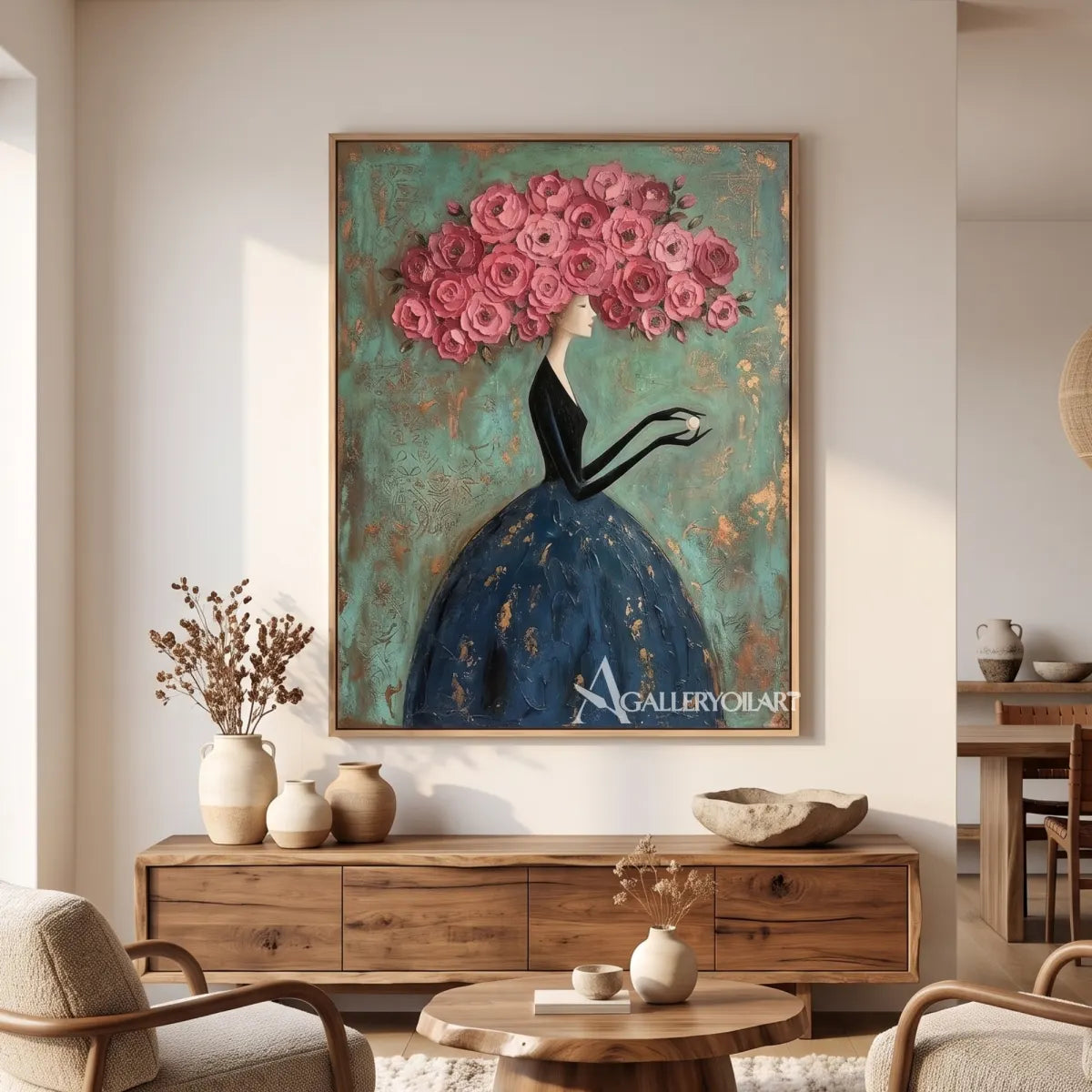 Woman-in-a-flowing-dark-dress-beneath-a-canopy-of-pink-roses-against-green-texture-in-contemporary-room