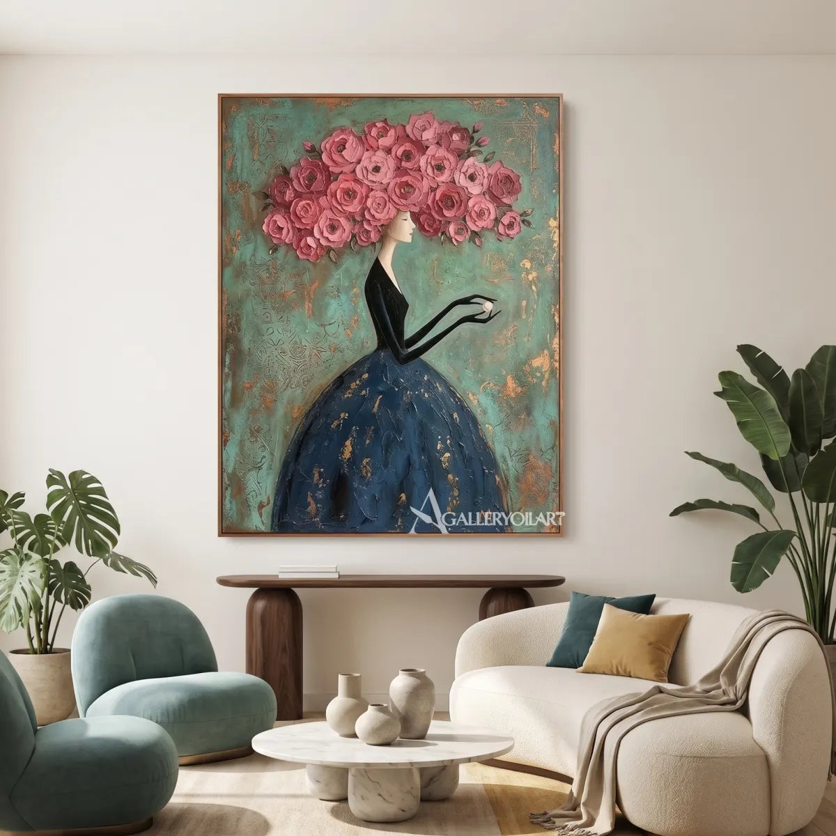 Woman-in-a-flowing-dark-dress-beneath-a-canopy-of-pink-roses-against-green-texture-in-gallery-room