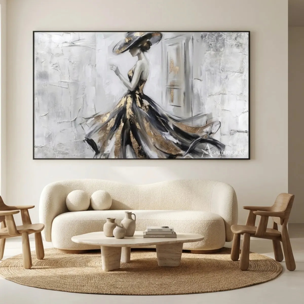 Portrait painting of a woman in a flowing black and gold gown displayed in a gallery-interior