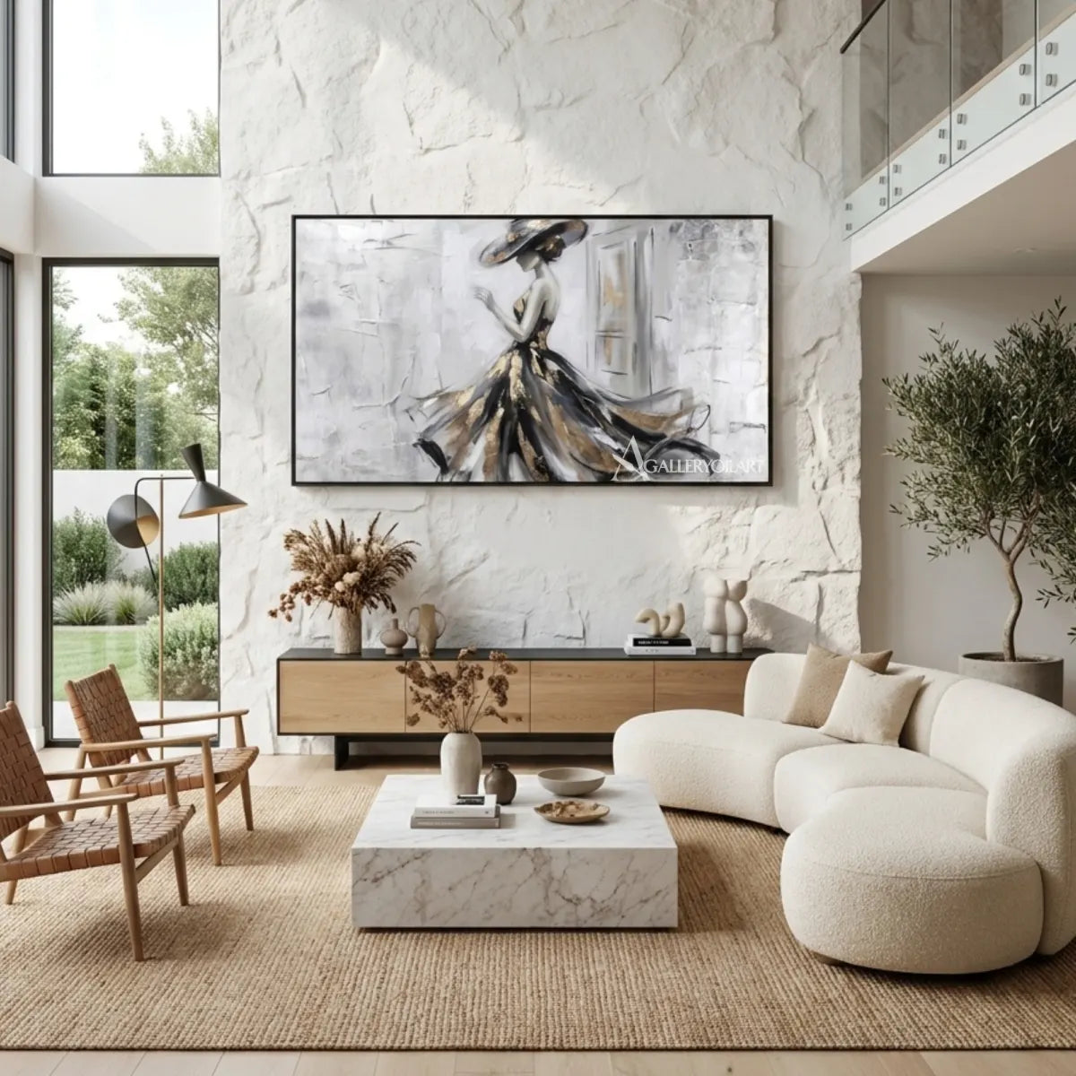Portrait painting of a woman in a flowing black and gold gown displayed in a living-room
