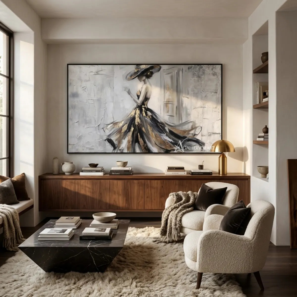Portrait painting of a woman in a flowing black and gold gown displayed in a private-reading-lounge