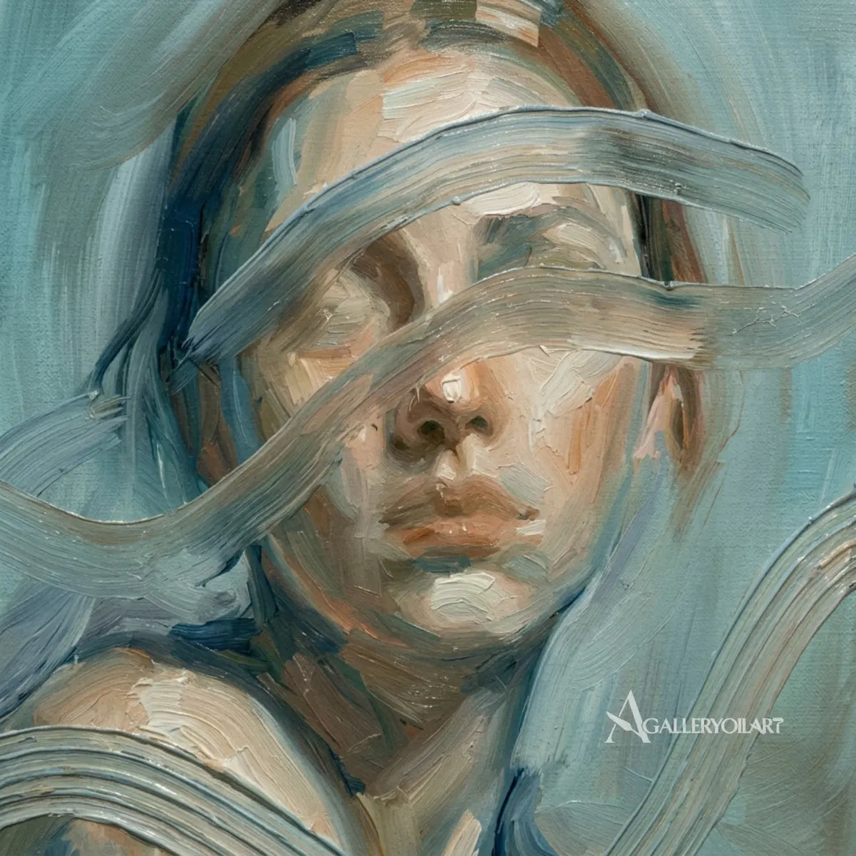 Woman-in-flowing-fabric-across-her-face-in-blue-toned-portrait-art-displayed-in-a-modern-entryway