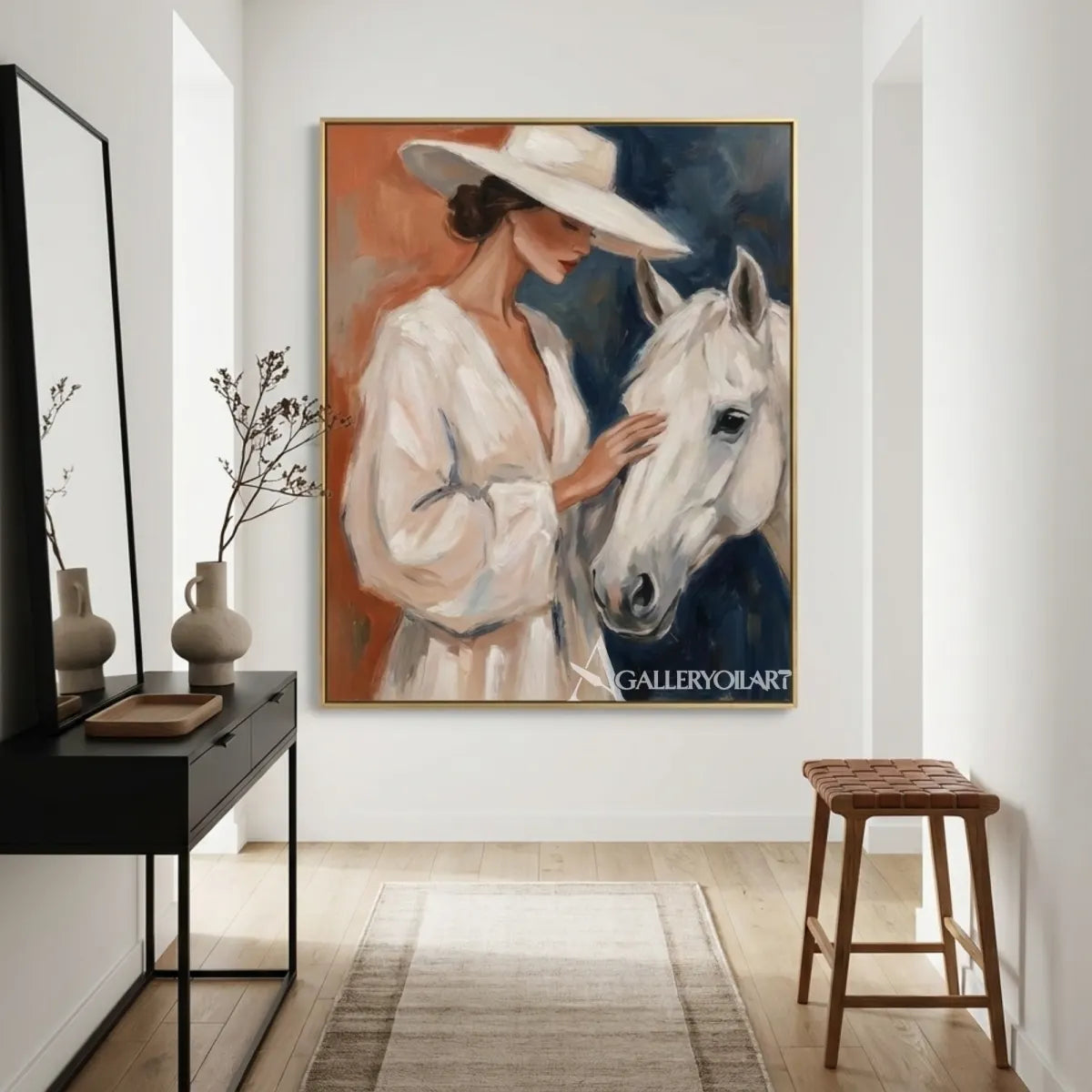 Woman-in-a-white-hat-gently-touching-a-white-horse-with-blue-and-rust-brushwork-in-entryway