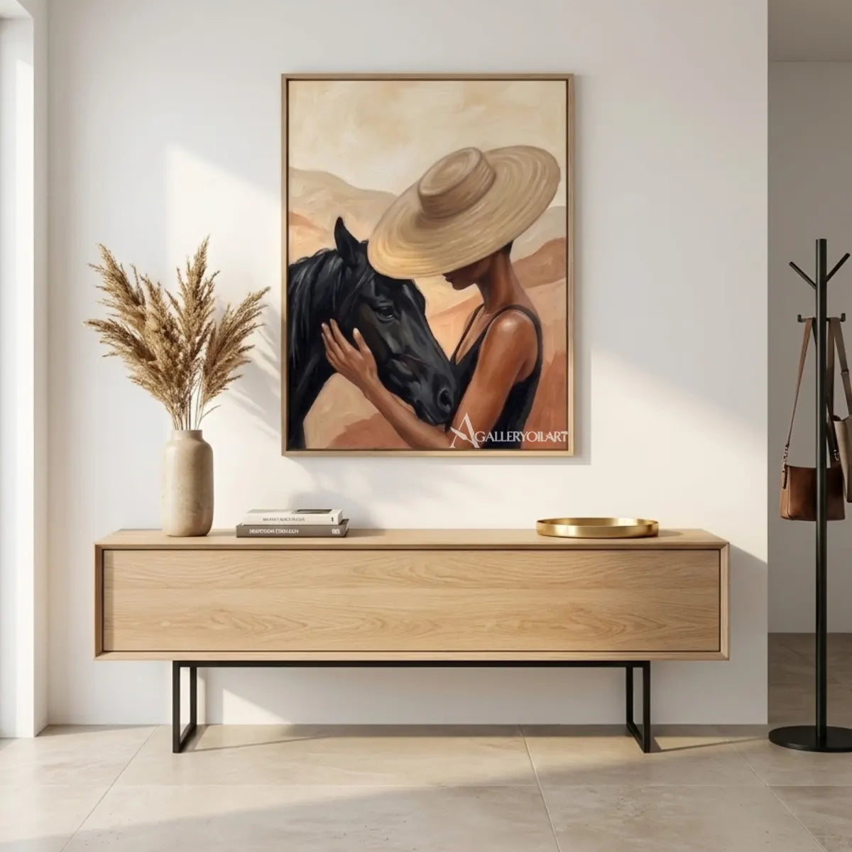 woman-in-a-straw-hat-beside-a-dark-horse-in-black-portrait-art-displayed-in-a-entryway