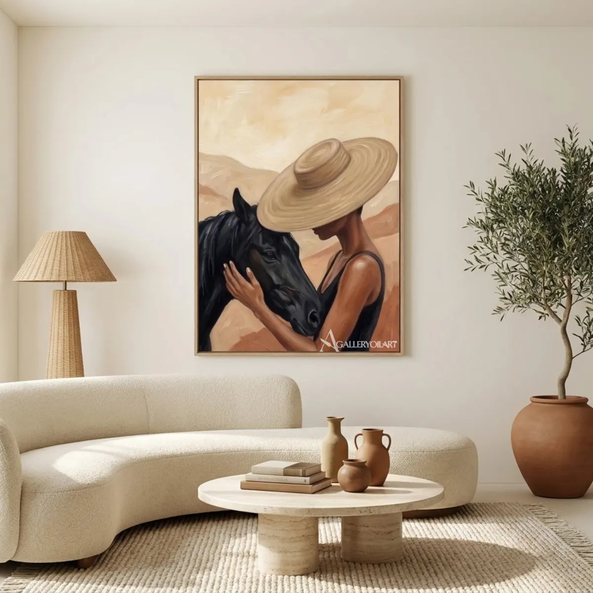 woman-in-a-straw-hat-beside-a-dark-horse-in-black-portrait-art-displayed-in-a-gallery