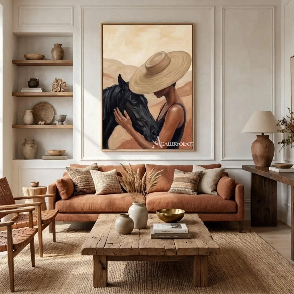 woman-in-a-straw-hat-beside-a-dark-horse-in-black-portrait-art-displayed-in-a-gathering-room