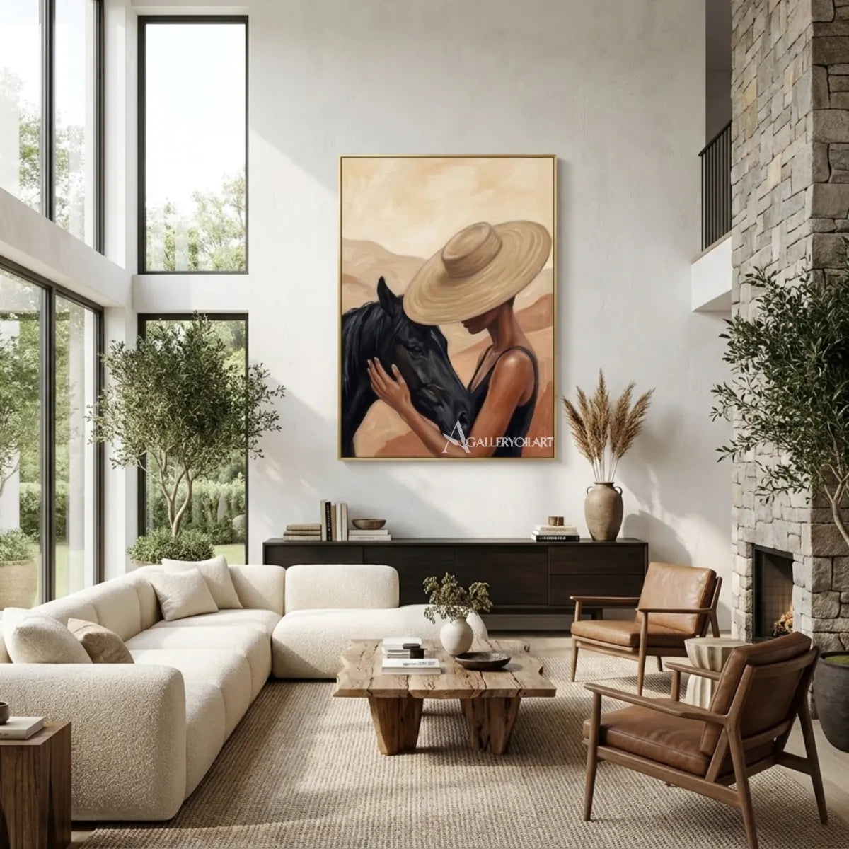 woman-in-a-straw-hat-beside-a-dark-horse-in-black-portrait-art-displayed-in-a-living-room