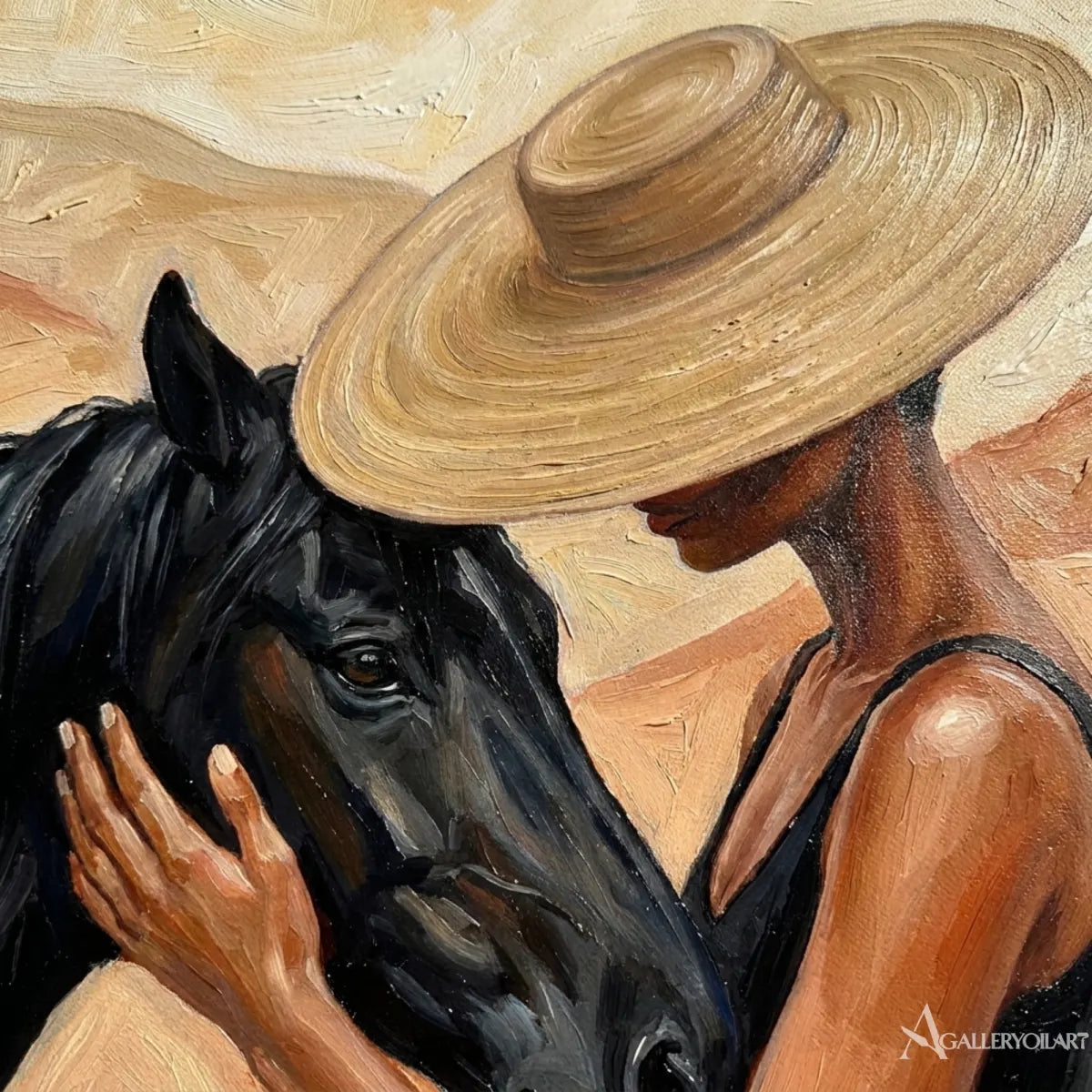 woman-in-a-straw-hat-beside-a-dark-horse-in-black-portrait-art-displayed-in-a-painted-detail