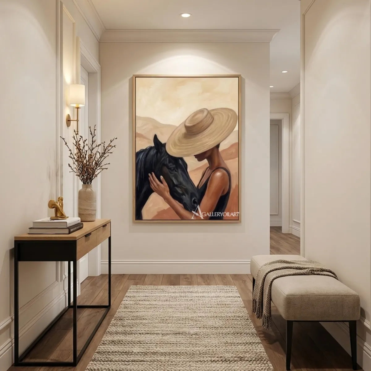 woman-in-a-straw-hat-beside-a-dark-horse-in-black-portrait-art-displayed-in-a-transitional-room