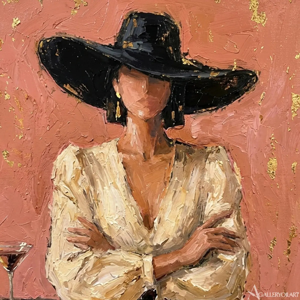 woman-in-a-sweeping-black-hat-and-pale-blouse-in-pink-portrait-art-displayed-in-a-close-up-detail