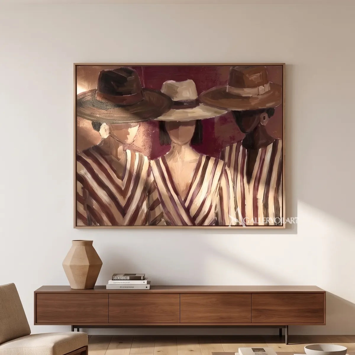 woman-in-a-wide-tan-hat-and-striped-blouse-in-brown-portrait-art-displayed-in-a-architectural-interior
