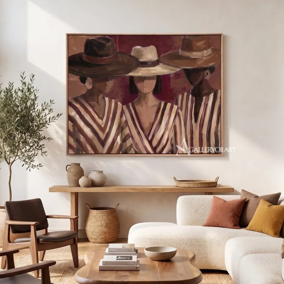 woman-in-a-wide-tan-hat-and-striped-blouse-in-brown-portrait-art-displayed-in-a-gallery