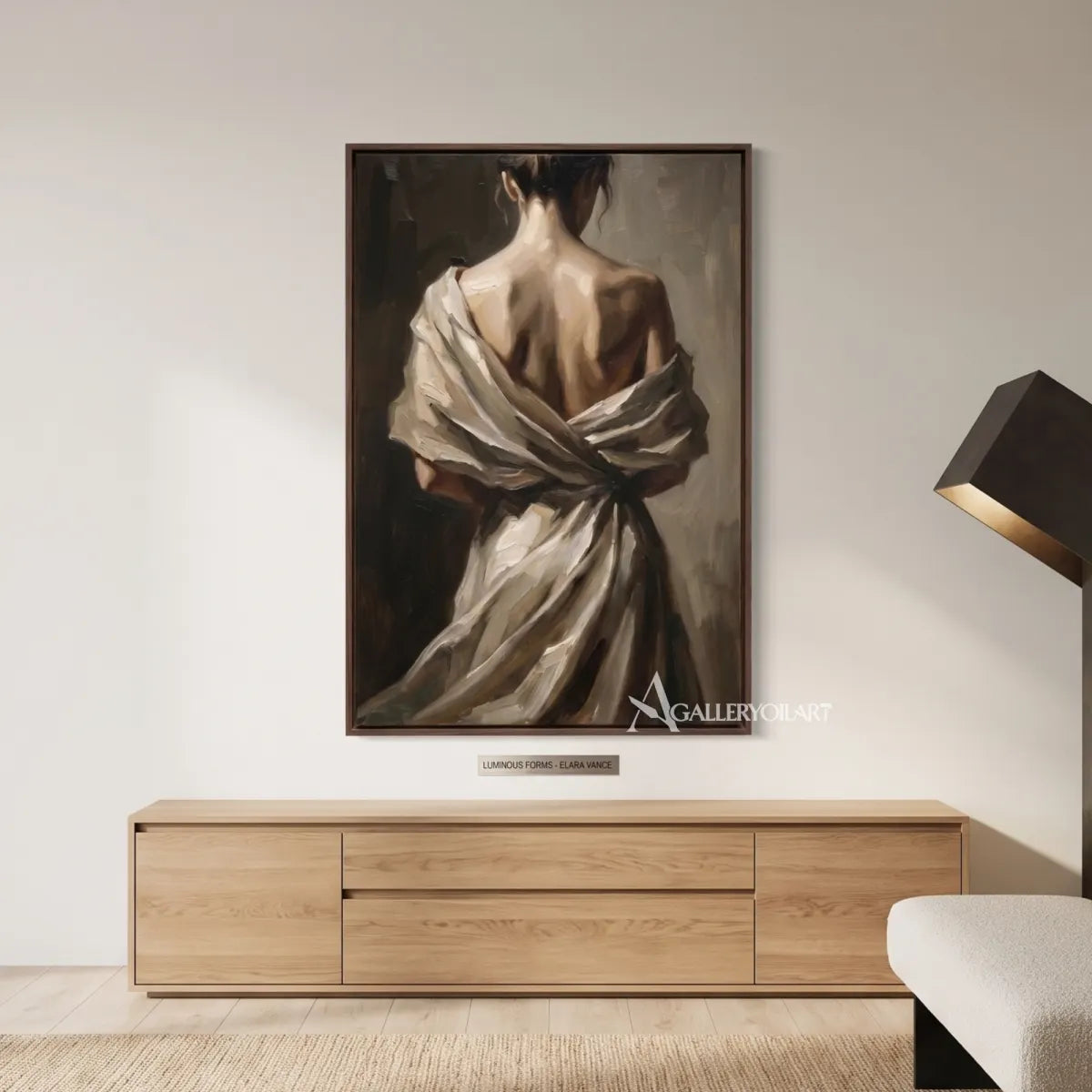 Woman-in-a-draped-light-wrap-portrait-art-beige-and-brown-architectural-interior