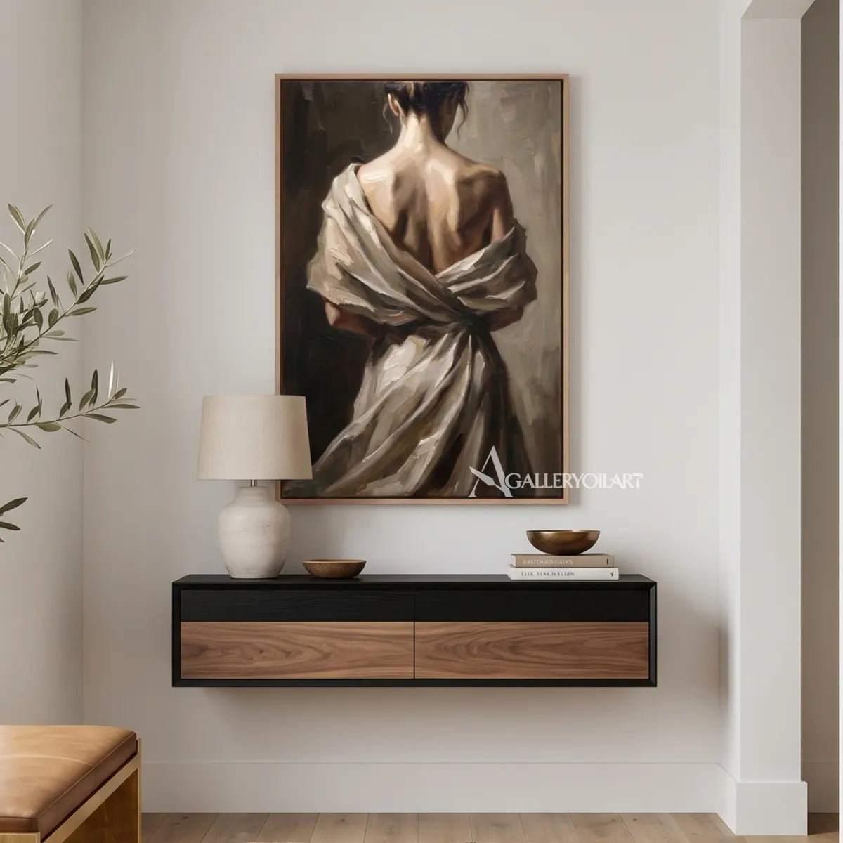 Woman-in-a-draped-light-wrap-portrait-art-beige-and-brown-entryway