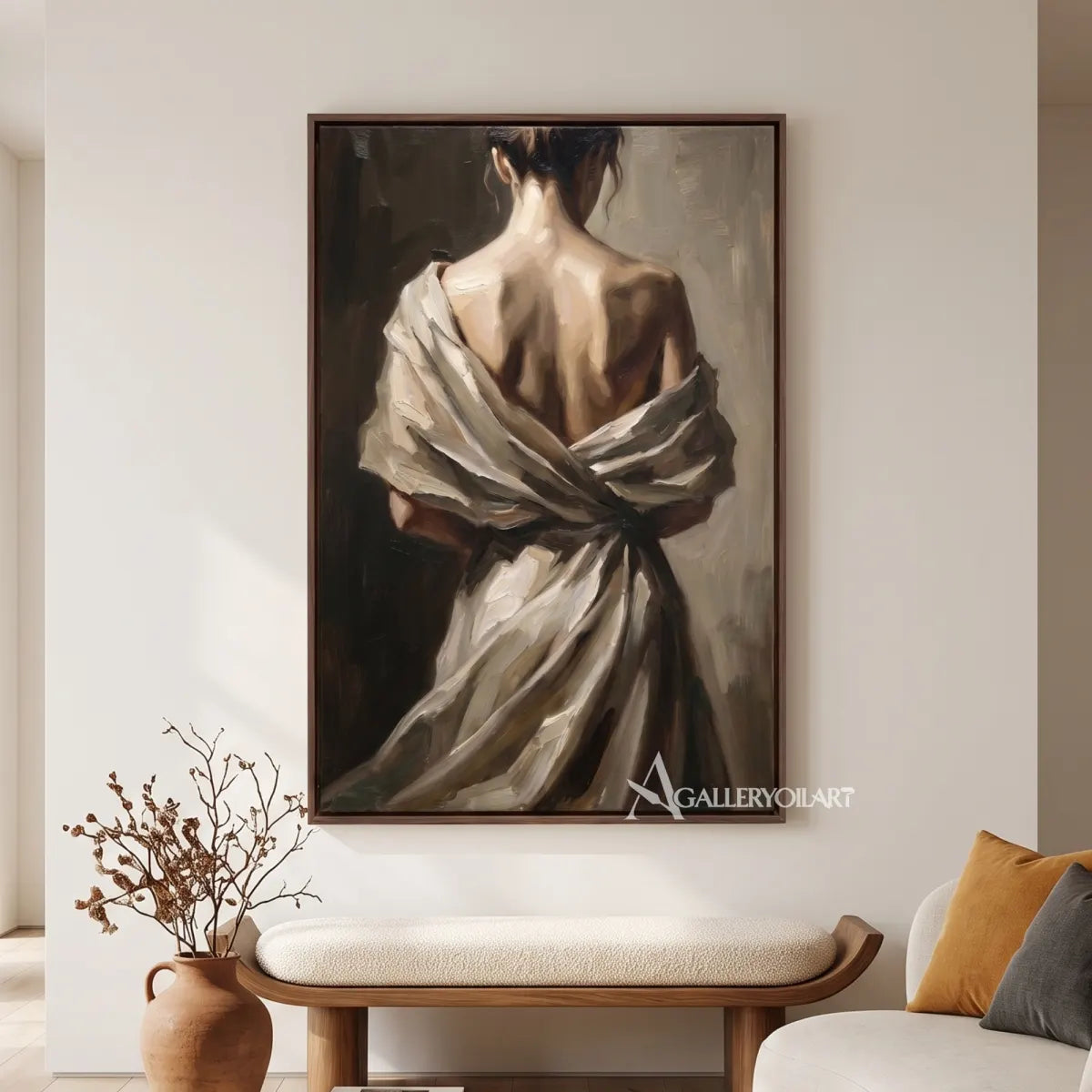 Woman-in-a-draped-light-wrap-portrait-art-beige-and-brown-gallery-room