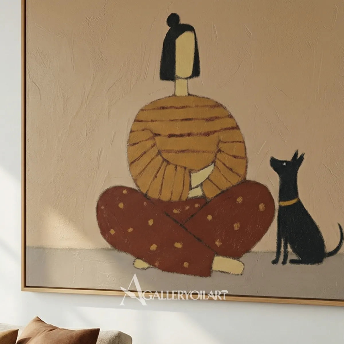 Woman-knitting-beside-a-black-cat-portrait-art-beige-and-brown-painted-detail