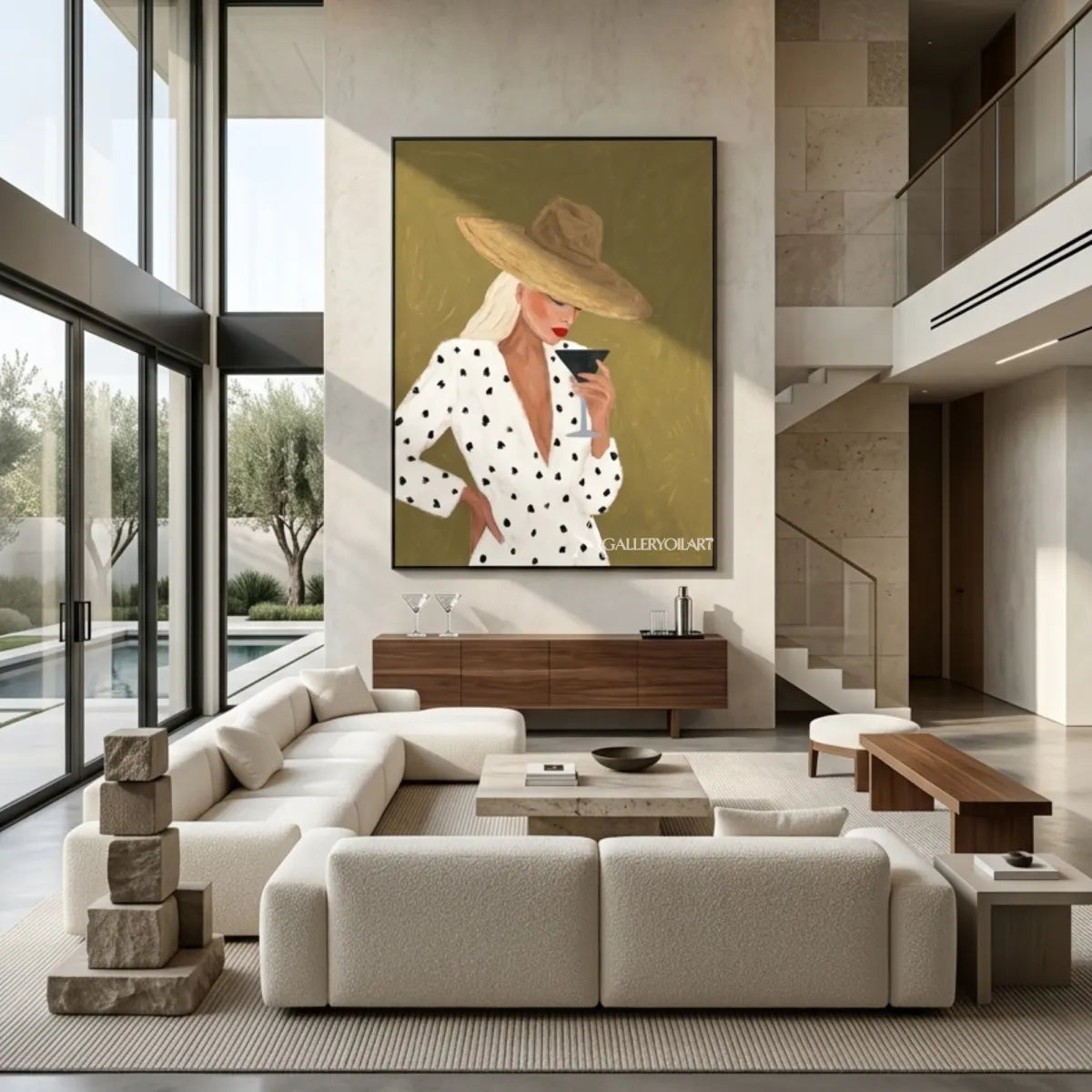 Woman-in-a-wide-hat-holding-a-glass-in-green-toned-portrait-art-displayed-in-a-contemporary-living-room