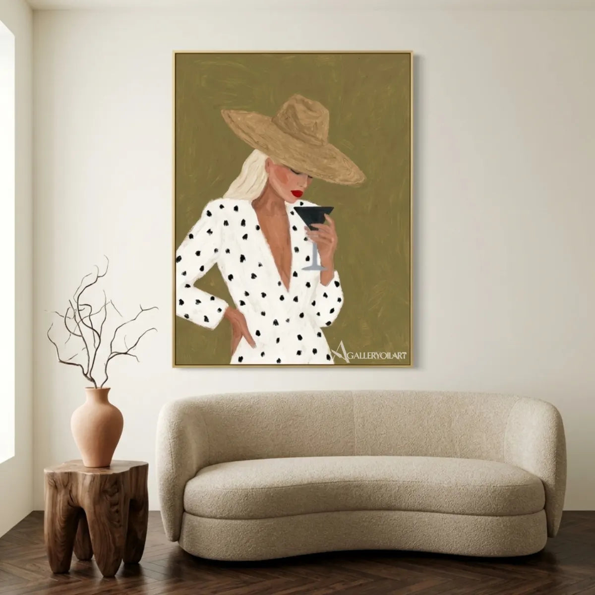 Woman-in-a-wide-hat-holding-a-glass-in-green-toned-portrait-art-displayed-in-a-gallery-interior