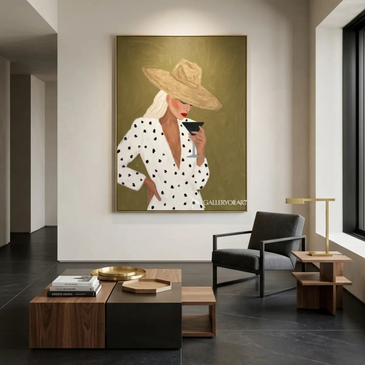 Woman-in-a-wide-hat-holding-a-glass-in-green-toned-portrait-art-displayed-in-a-minimalist-interior