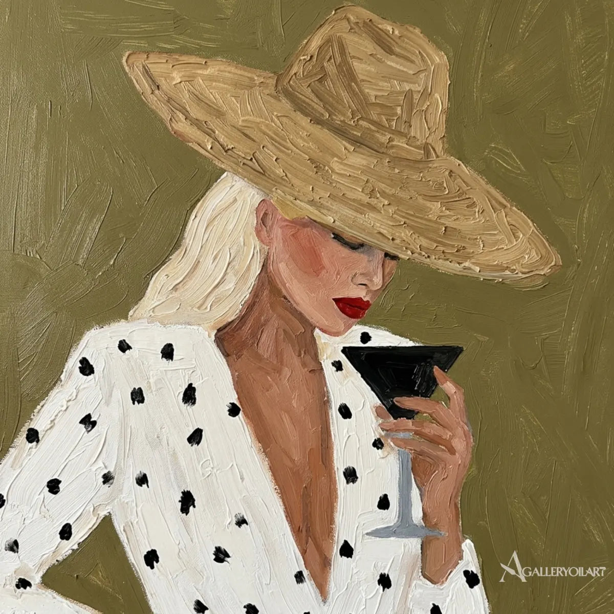 Woman-in-a-wide-hat-holding-a-glass-in-green-toned-portrait-art-displayed-in-a-painted-detail-close-up