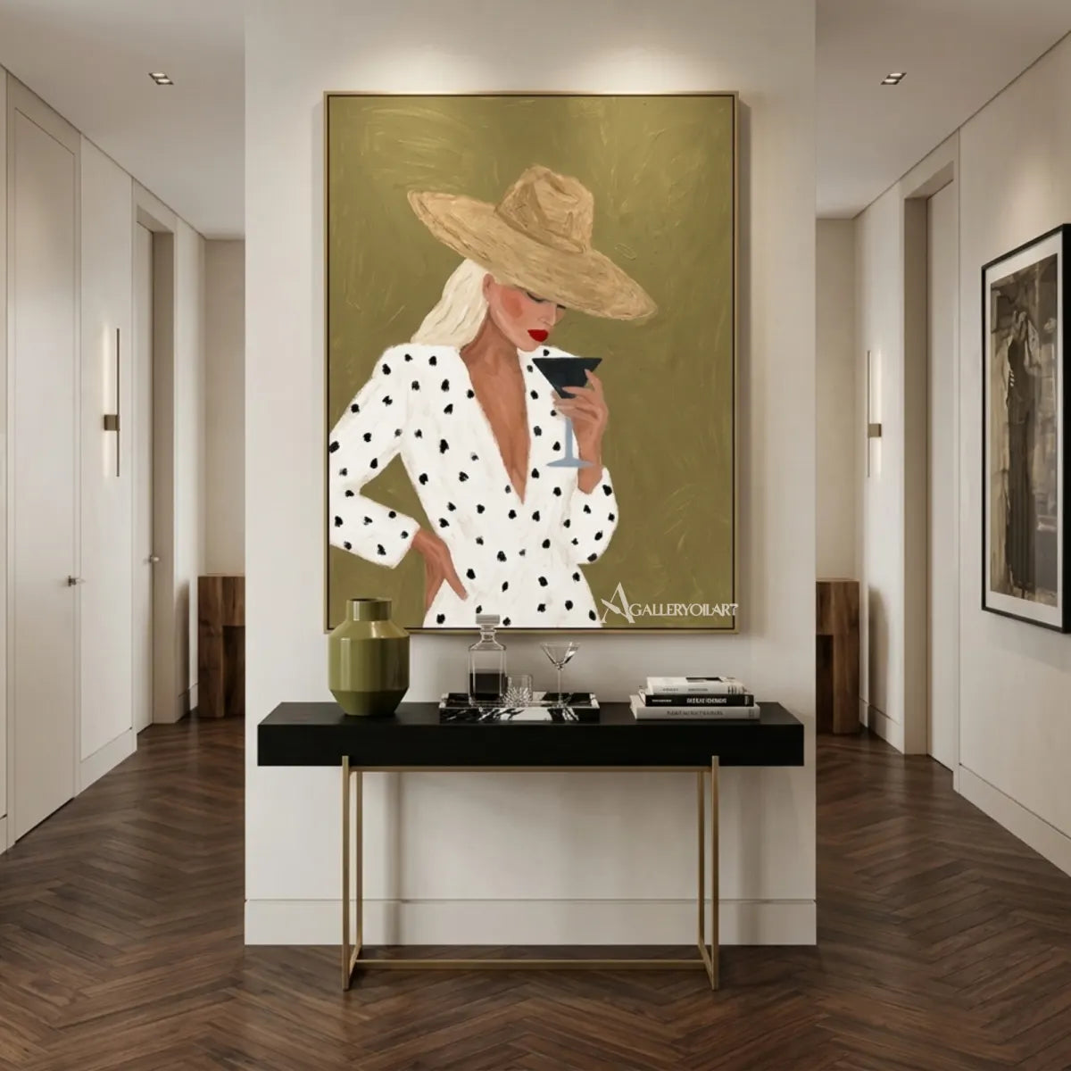 Woman-in-a-wide-hat-holding-a-glass-in-green-toned-portrait-art-displayed-in-a-transitional-interior