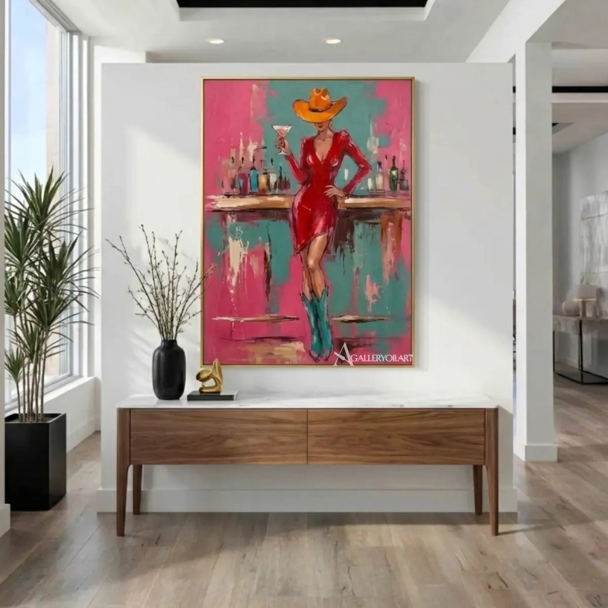Pop Art-Red-and-turquoise-woman-wall-art-in-an-entryway