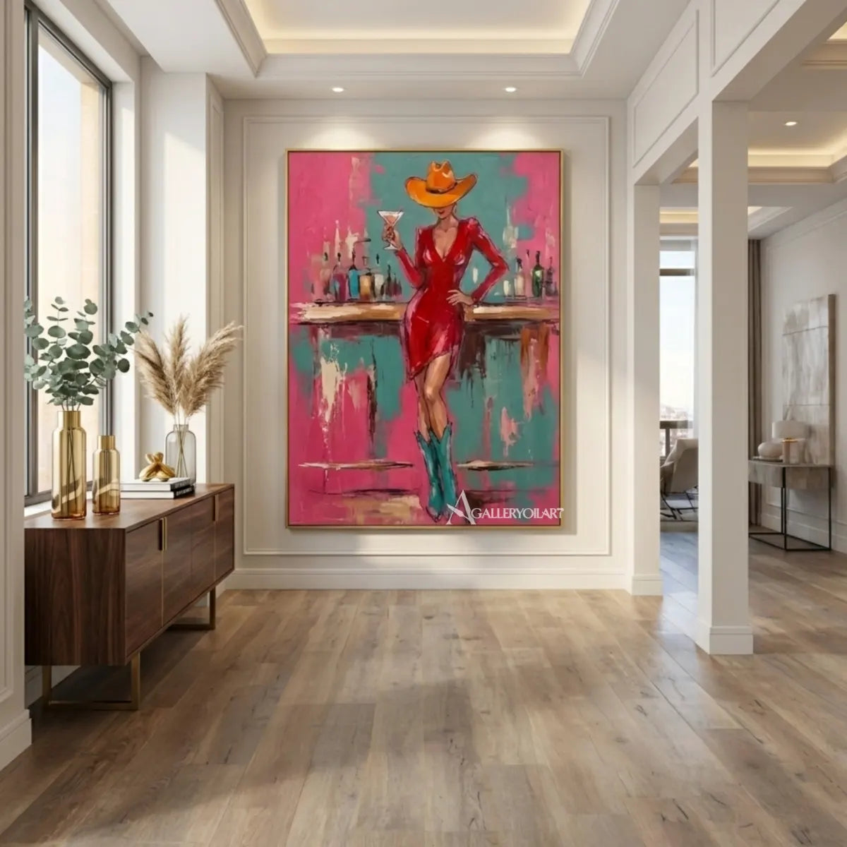 Pop Art-Red-and-turquoise-woman-wall-art-in-a-transitional-room