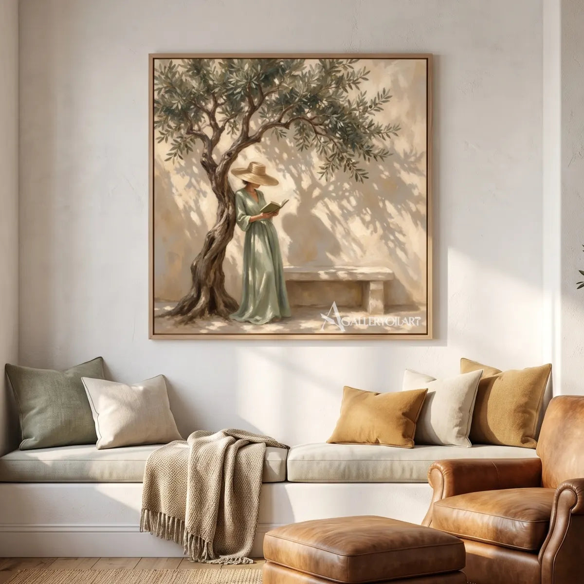 A woman reading beneath an olive tree in square Portrait Art against a light wall, with beige and green tones