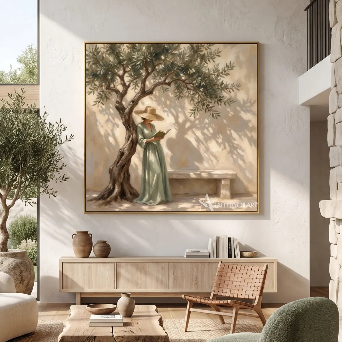 A woman reading beneath an olive tree in square Portrait Art in a sunlit natural living room, with beige and green tones
