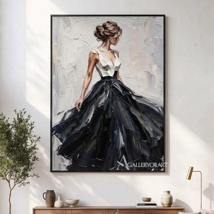 Woman-in-a-sweeping-black-gown-in-portrait-art-with-a-pale-impasto-ground-displayed-in-a-double-height-living-room
