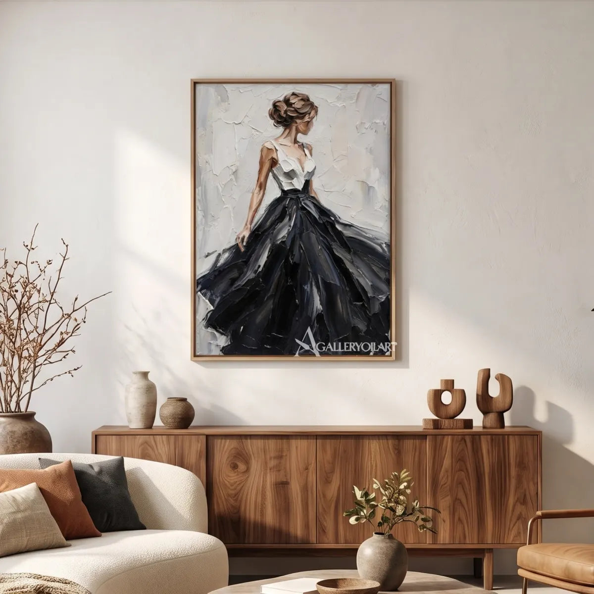 Woman-in-a-sweeping-black-gown-in-portrait-art-with-a-pale-impasto-ground-displayed-in-a-gathering-room