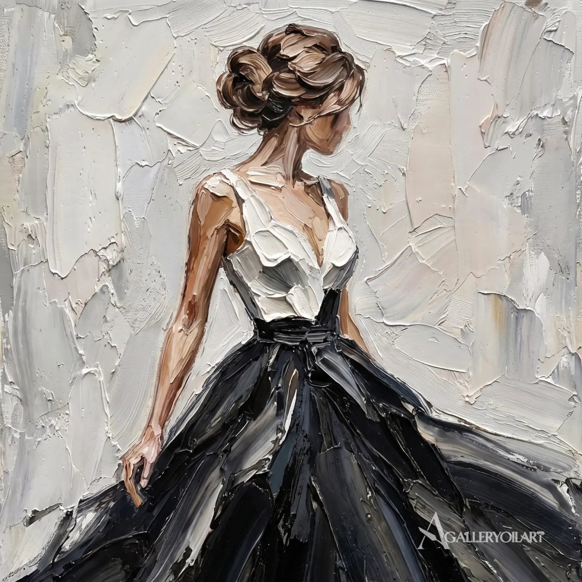 Woman-in-a-sweeping-black-gown-in-portrait-art-with-a-pale-impasto-ground-displayed-in-a-painted-detail-close-up