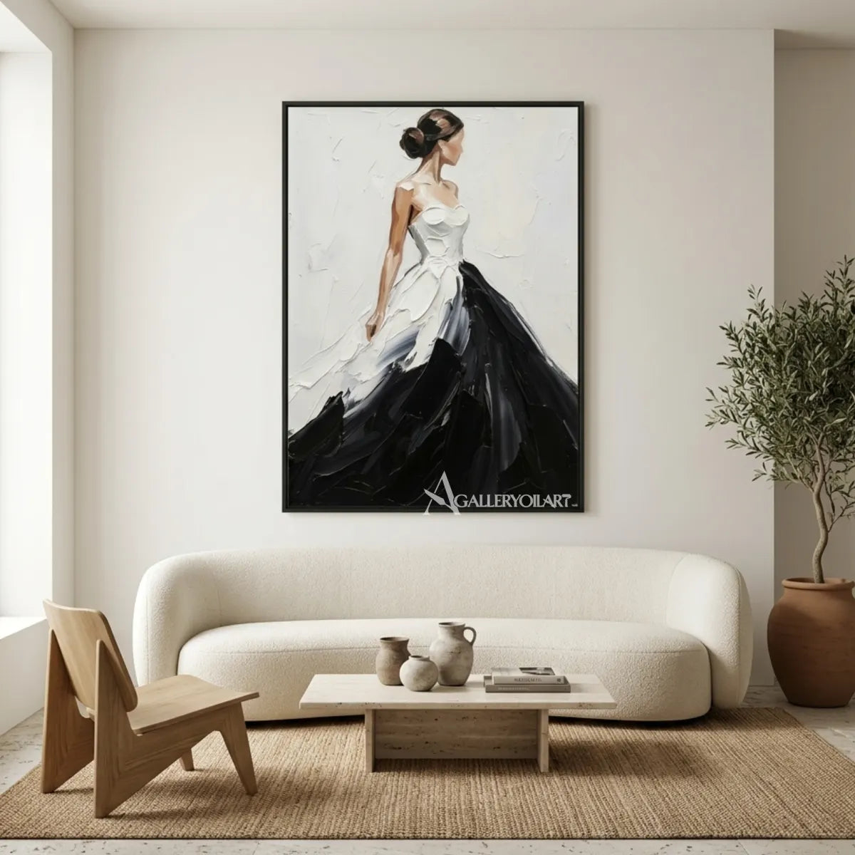 Woman-in-a-flowing-black-and-white-gown-in-portrait-art-displayed-in-a-reading-lounge