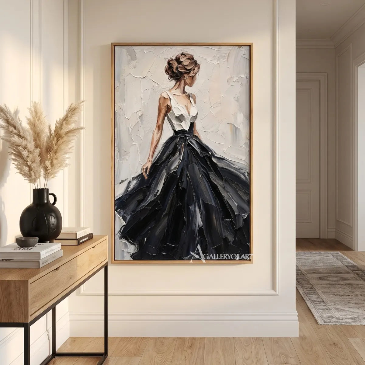 Woman-in-a-sweeping-black-gown-in-portrait-art-with-a-pale-impasto-ground-displayed-in-a-transitional-interior