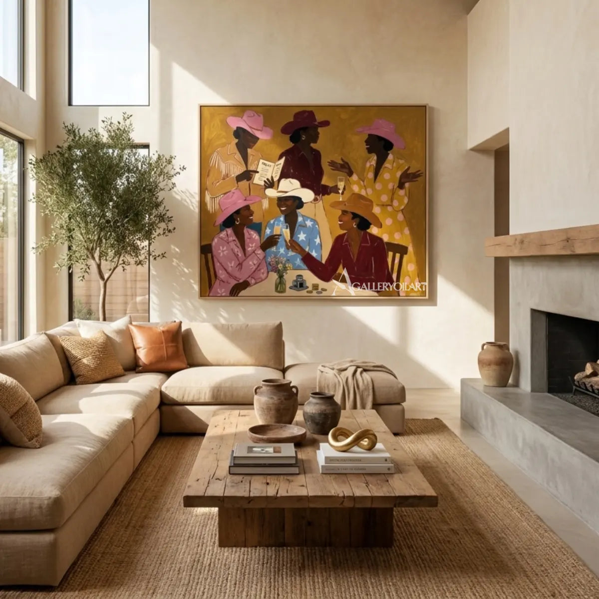 Woman-with-flowing-fabric-across-her-face-in-blue-toned-portrait-art-displayed-in-a-contemporary-living-room